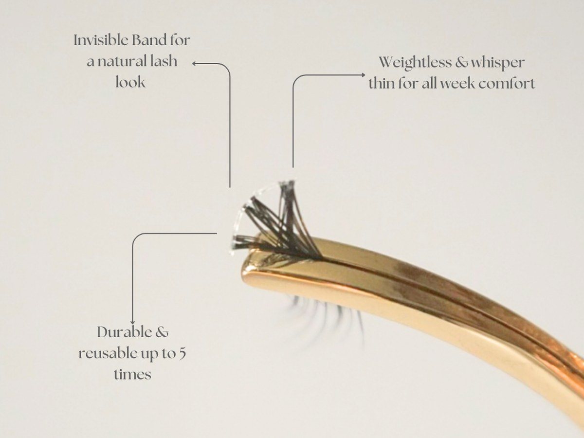 Noonlash wisp on the applicator, labeled: invisible band for a natural lash look; weightless and whisper thin for all-week comfort; durable and reusable up to 5 times.