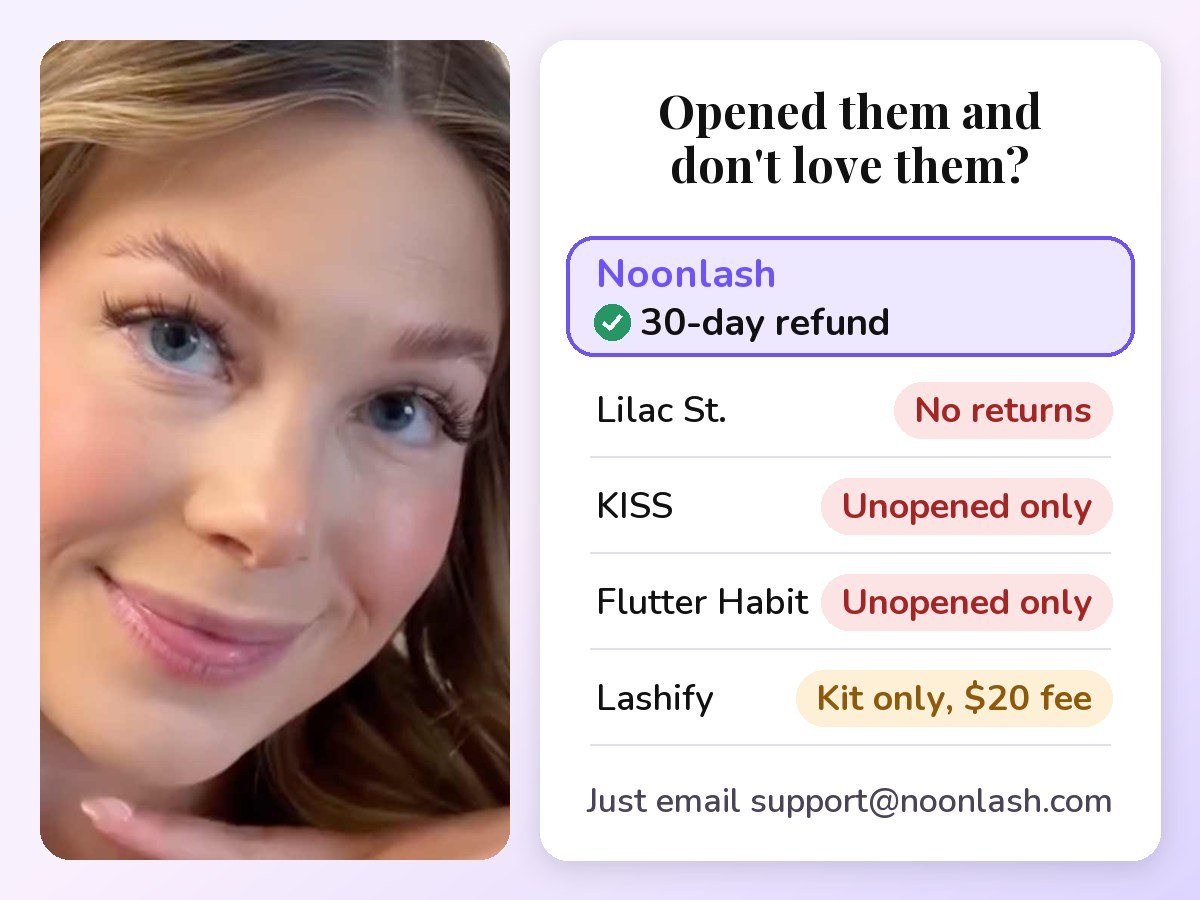 A Noonlash customer wearing the lashes, beside: opened them and don't love them? Noonlash 30-day refund; Lilac St. no returns; KISS and Flutter Habit unopened only; Lashify kit only, $20 fee.