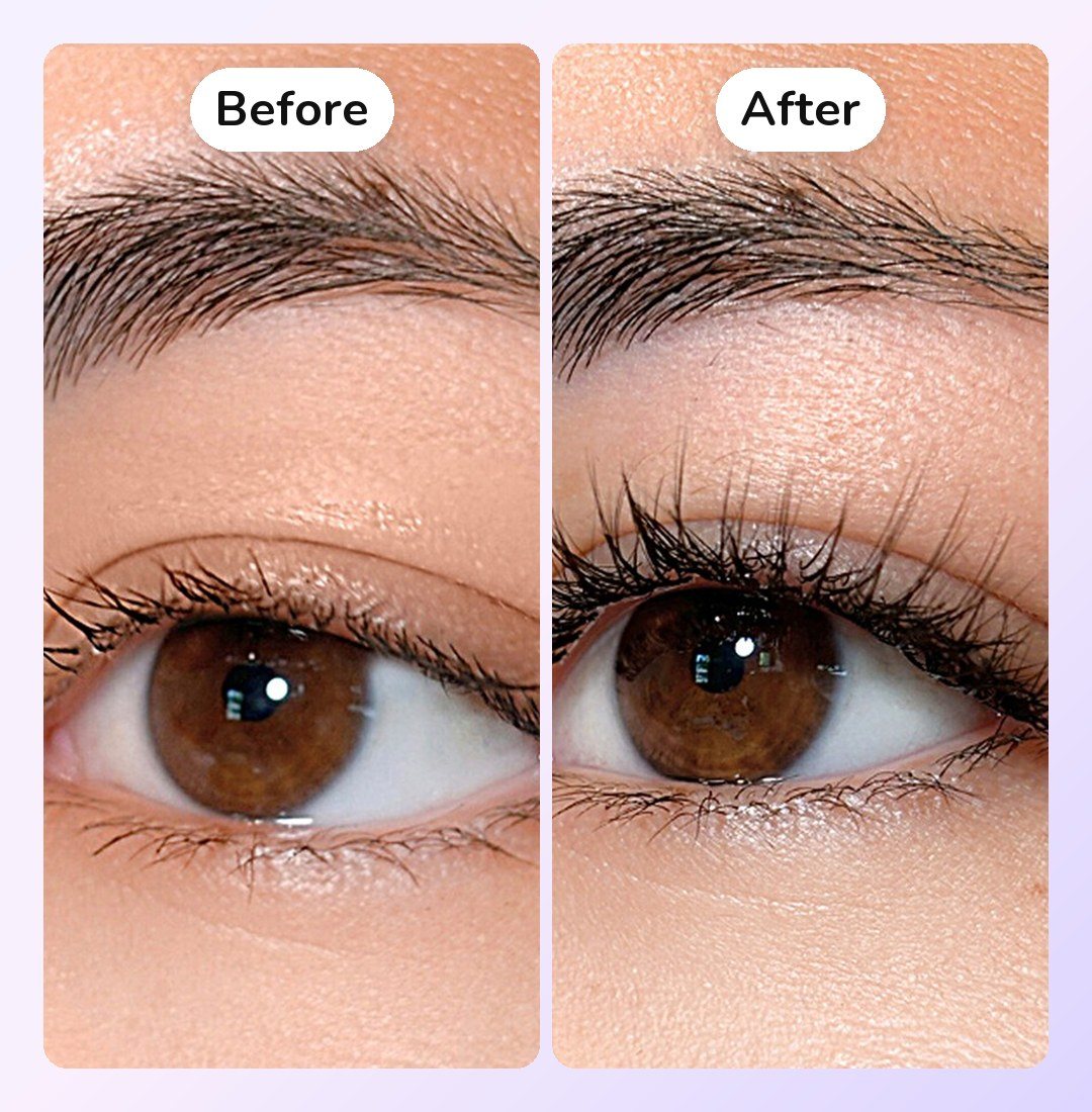 Before and after: a bare eye, then the same eye with Noonlash DAWN lashes.