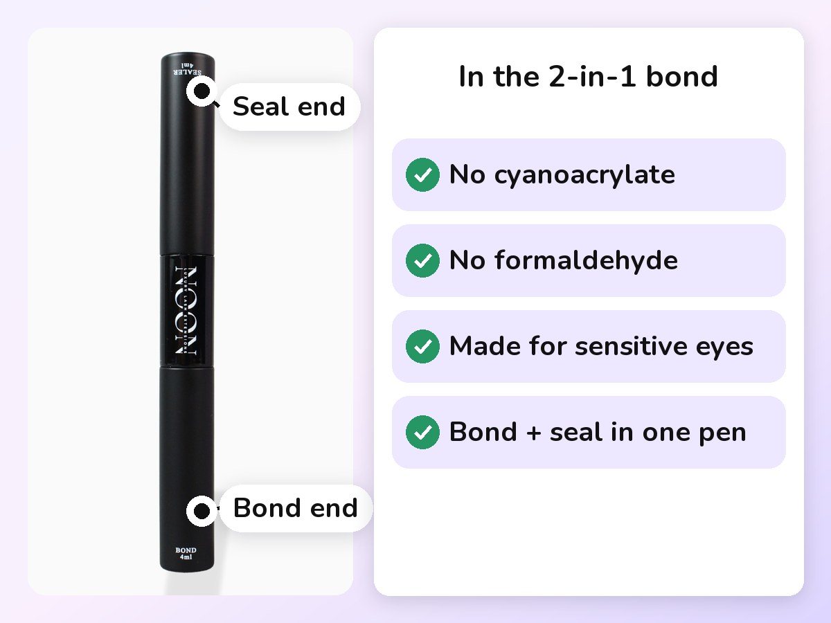 The Noonlash 2-in-1 pen with the seal end and bond end labeled, beside: no cyanoacrylate, no formaldehyde, made for sensitive eyes, bond + seal in one pen.