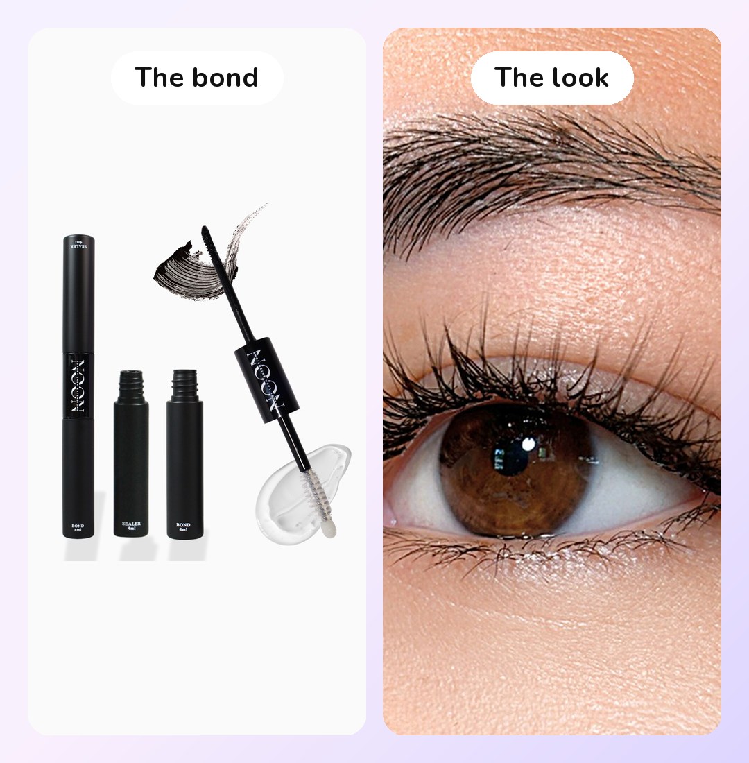 The Noonlash 2-in-1 Lash Bond & Sealant pen, open to show the bond and sealer brushes, beside a close-up of an eye wearing Noonlash clusters.