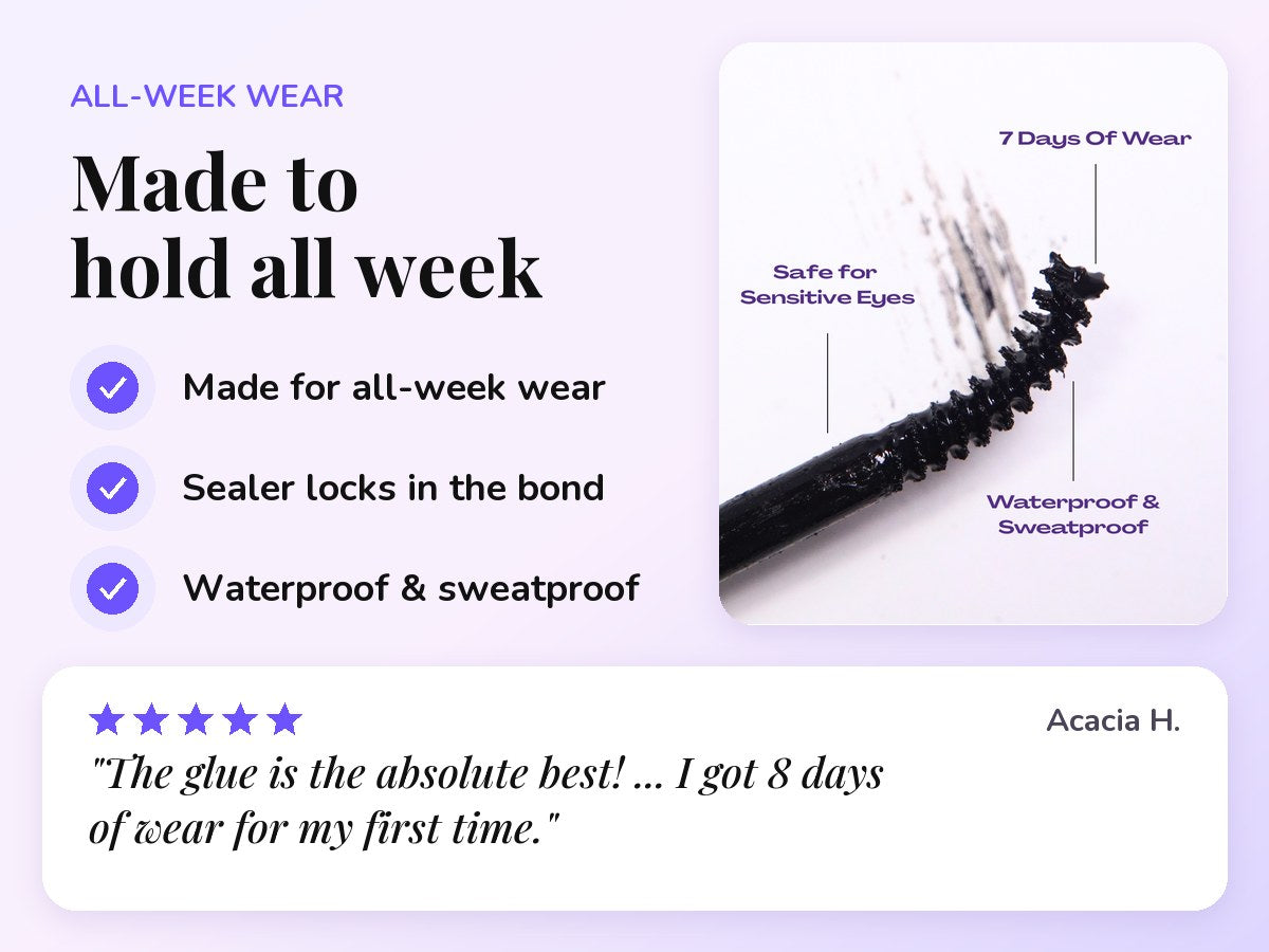 Made to hold all week: made for all-week wear, sealer locks in the bond, waterproof and sweatproof, beside the bond brush and a 5-star review from Acacia H.: "The glue is the absolute best! I got 8 days of wear for my first time."
