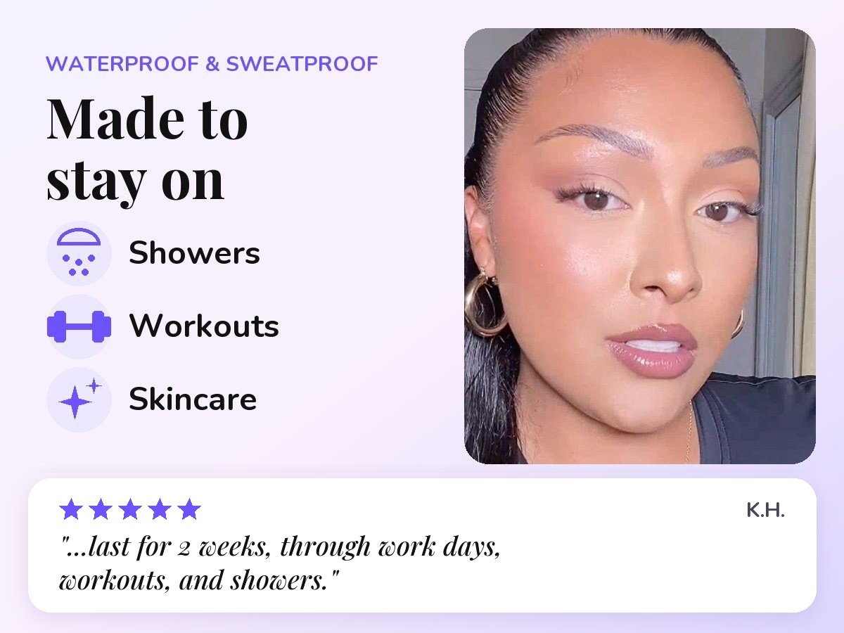 Waterproof and sweatproof: made to stay on through showers, workouts and skincare, beside a Noonlash customer, with a 5-star review from K.H.: lasted 2 weeks through work days, workouts and showers.